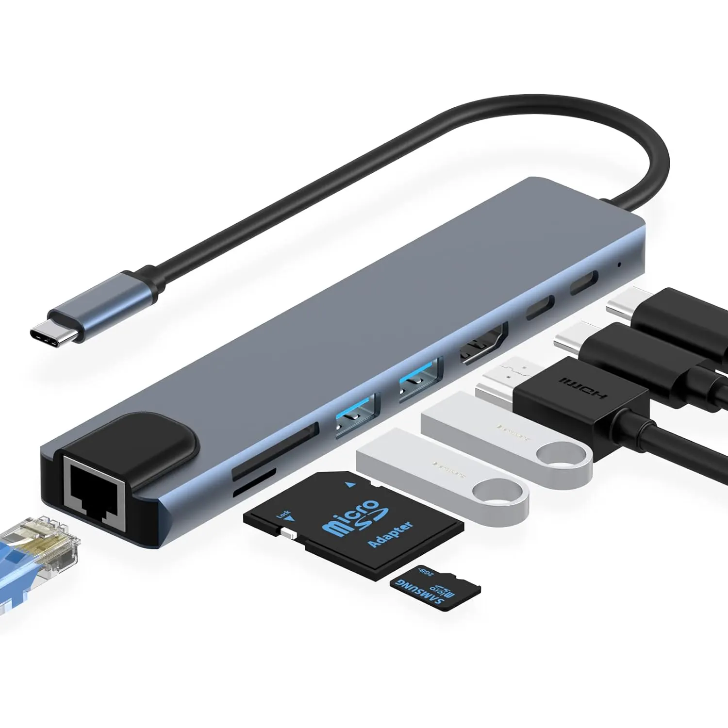 8-in-1 USB-C HDMI Adapter Hub with RJ45, SD/TF Card Reader, USB Ports, and 4K HDMI Output