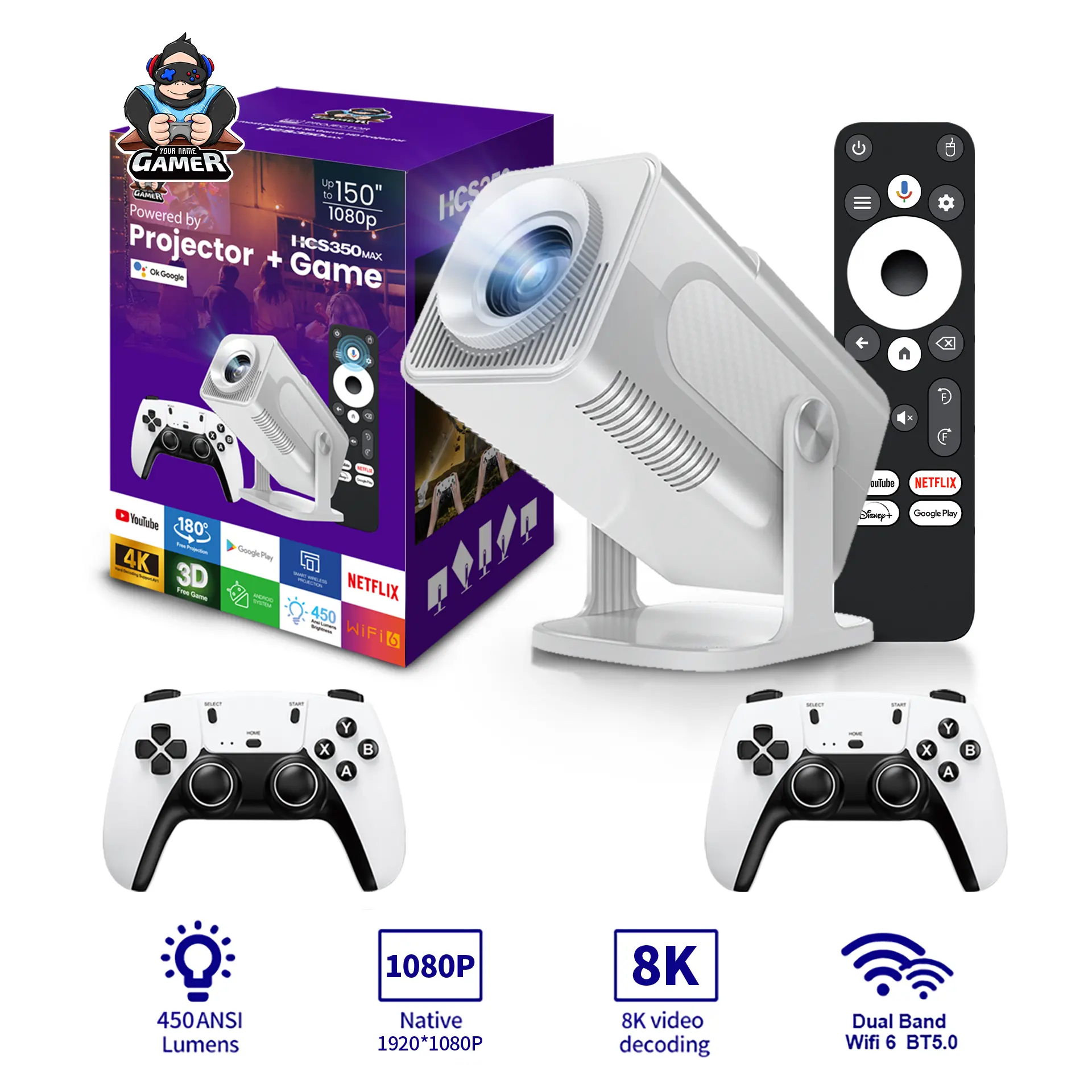 Portable HD Video Retro Game Console with Wireless Gamepad and 3D Home Theater Projection
